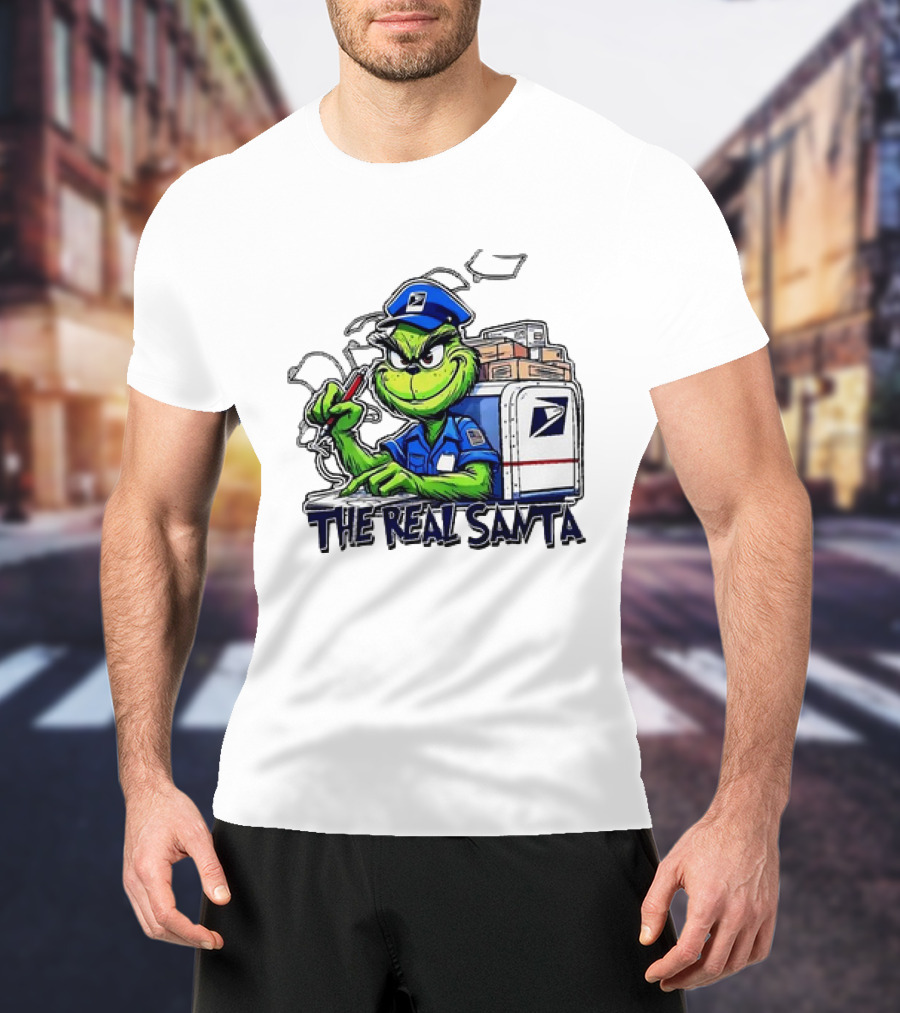 Grinch USPS The Real Santa Postal Delivery Holiday Fun T-Shirt