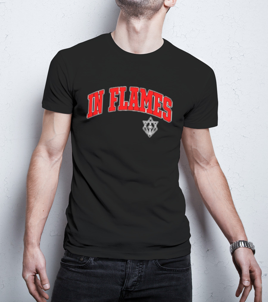 In Flames Red Collegiate Text With Geometric T-Shirt