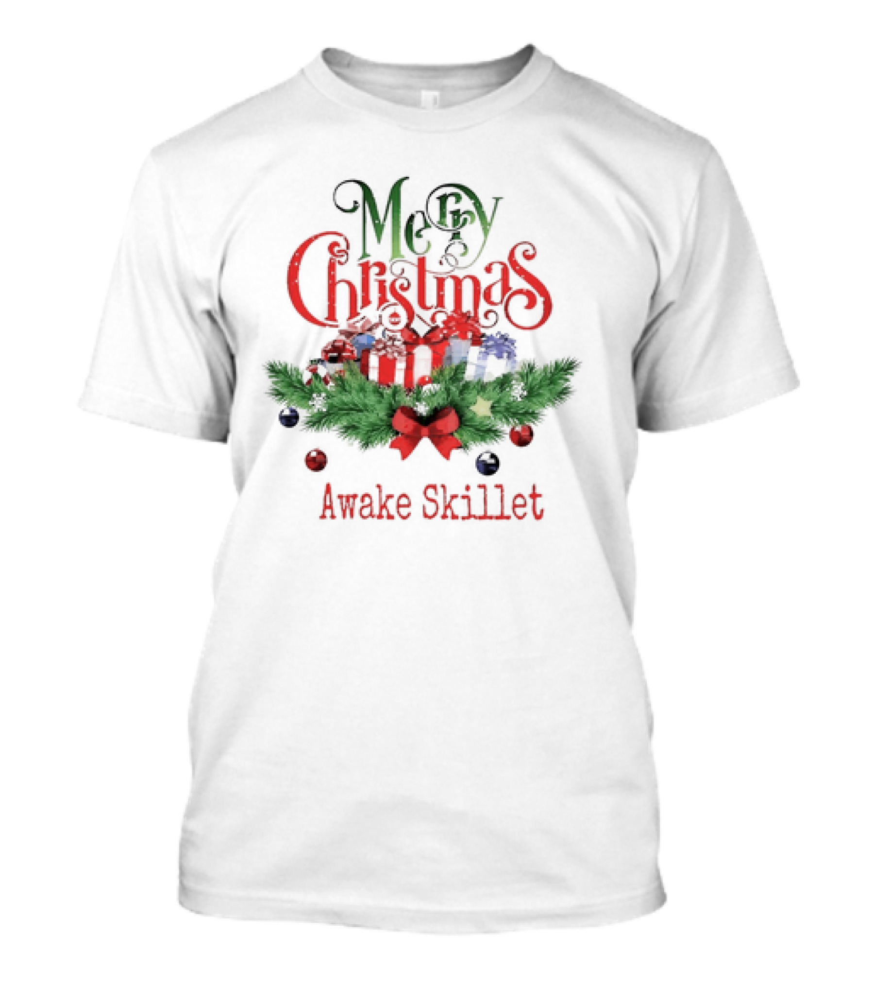 Merry Christmas Awake Skillet Festive Presents And Pine Garland T-Shirt