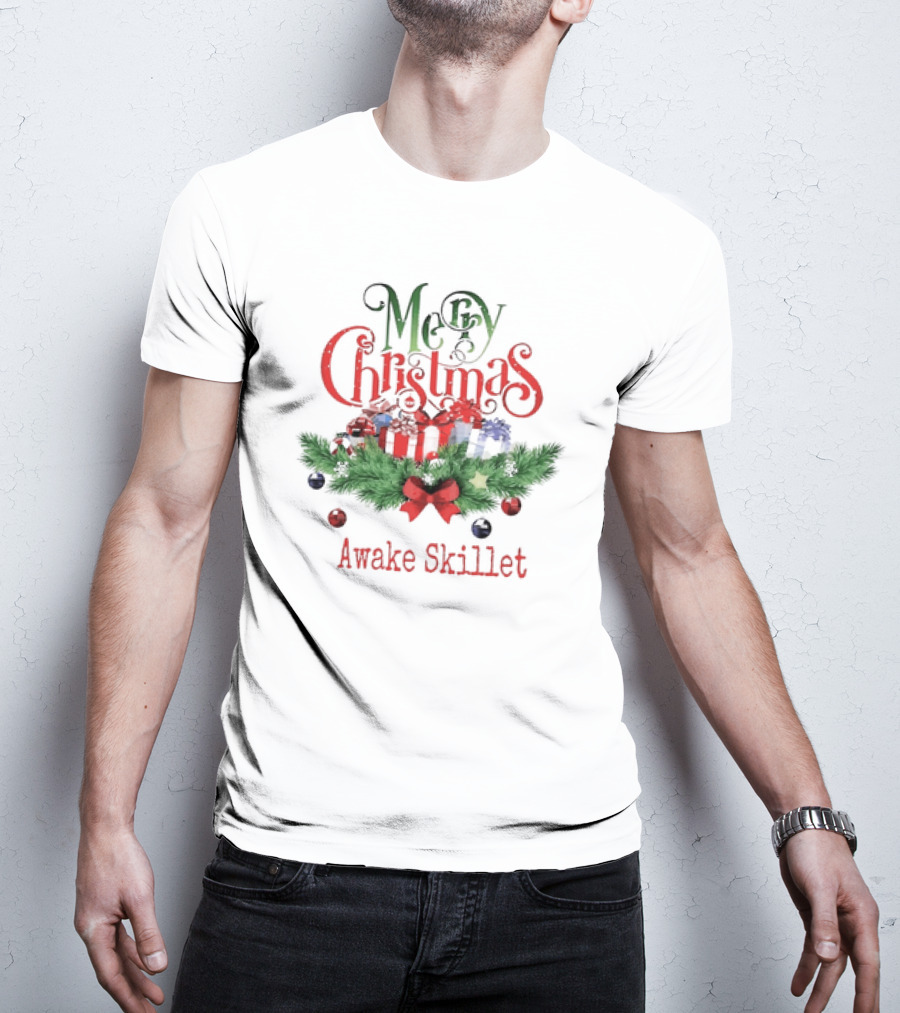 Merry Christmas Awake Skillet Festive Presents And Pine Garland T-Shirt