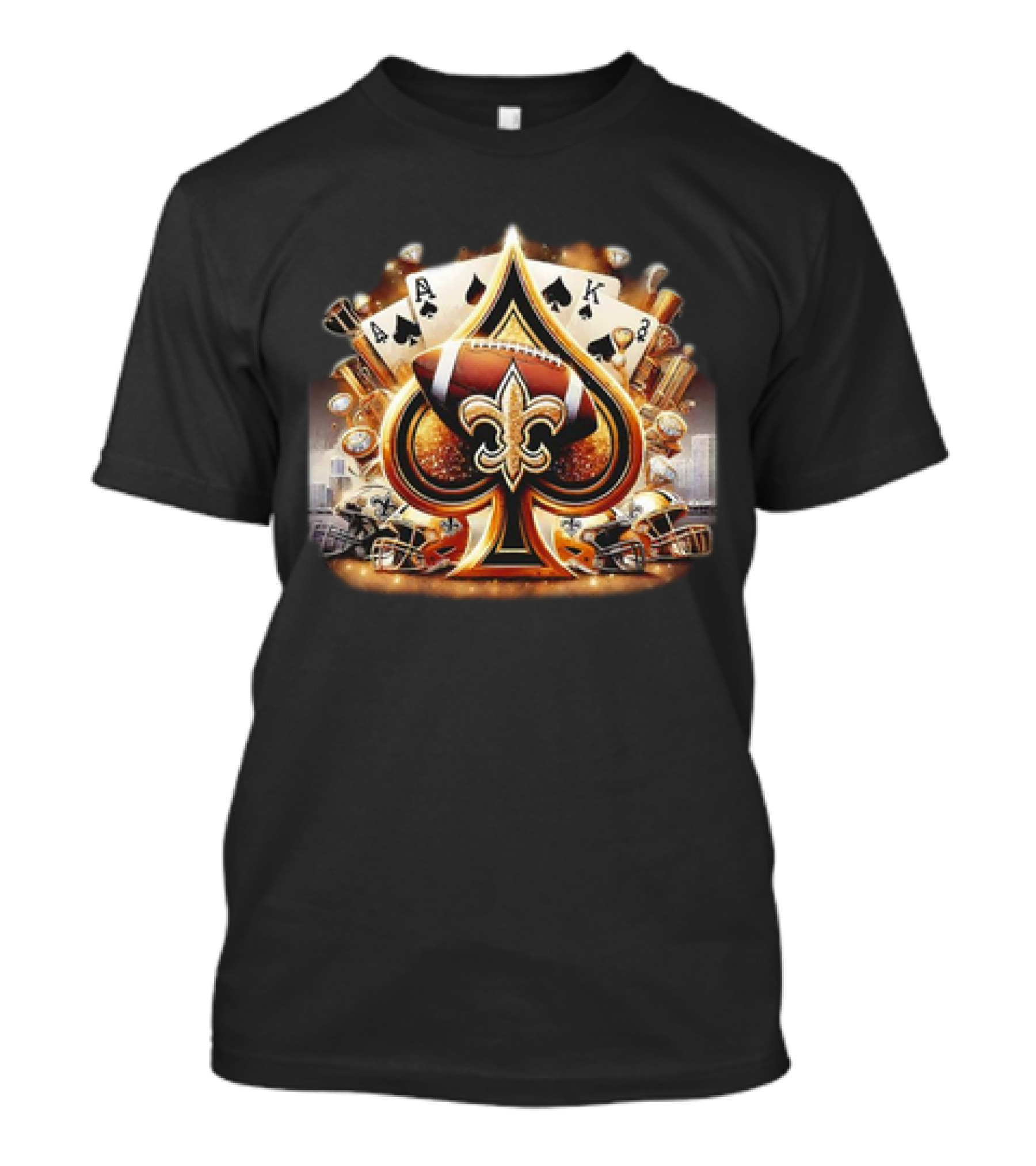 New Orleans Saints Gold Spade Football And Fleur-de-Lis With Playing Cards And Helmets T-Shirt