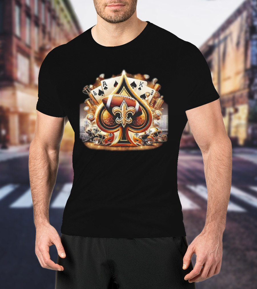 New Orleans Saints Gold Spade Football And Fleur-de-Lis With Playing Cards And Helmets T-Shirt