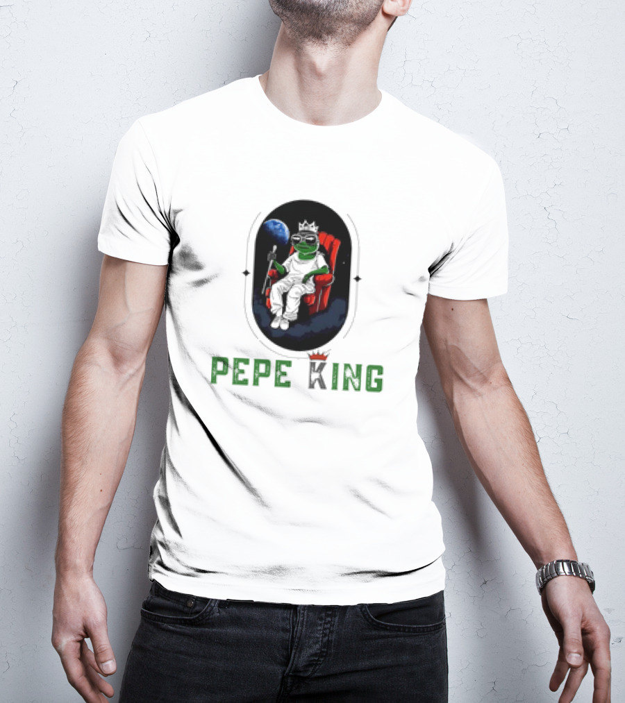 Pepe King Meme Coin Earth Throne Crown Chair T-Shirt
