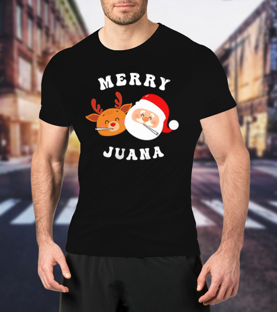 Merry Juana Christmas Santa And Reindeer Smoking Holiday Fun T-Shirt