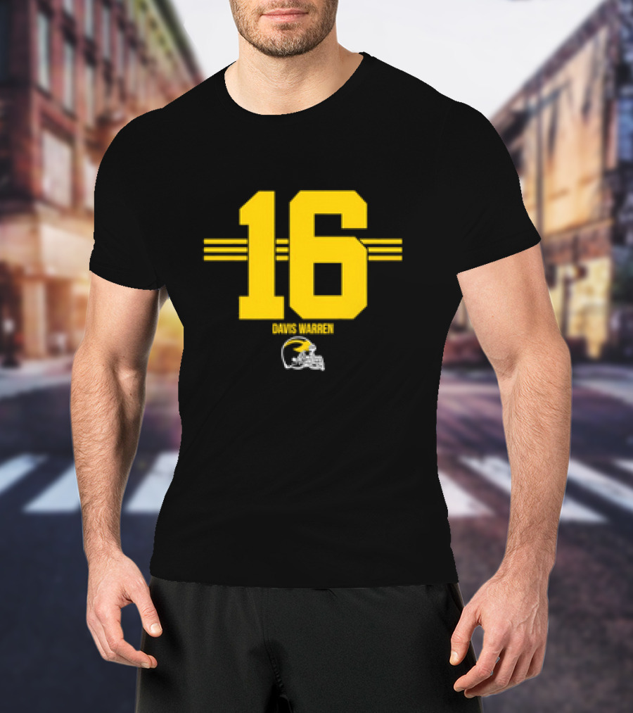 Michigan Football Davis Warren 16 Yellow Stripe Helmet T-Shirt