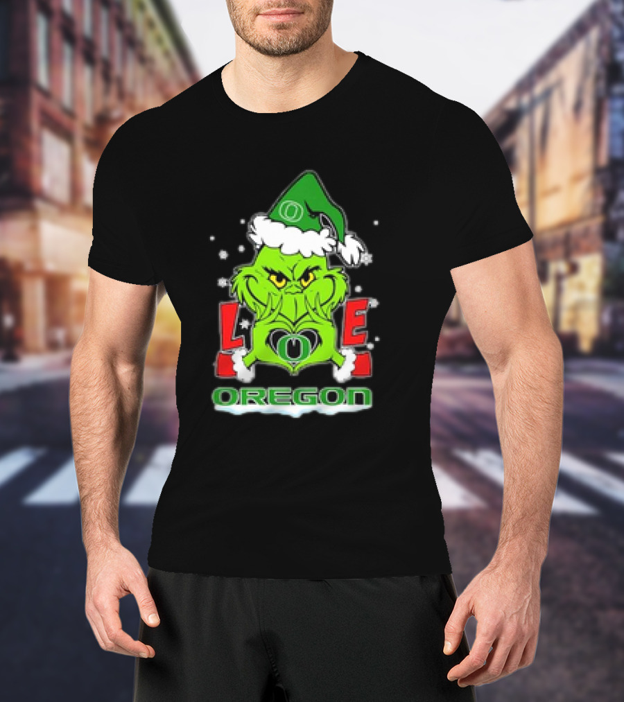 Grinch Hand Love Oregon Ducks Christmas Santa Hat Snowflakes T-Shirt