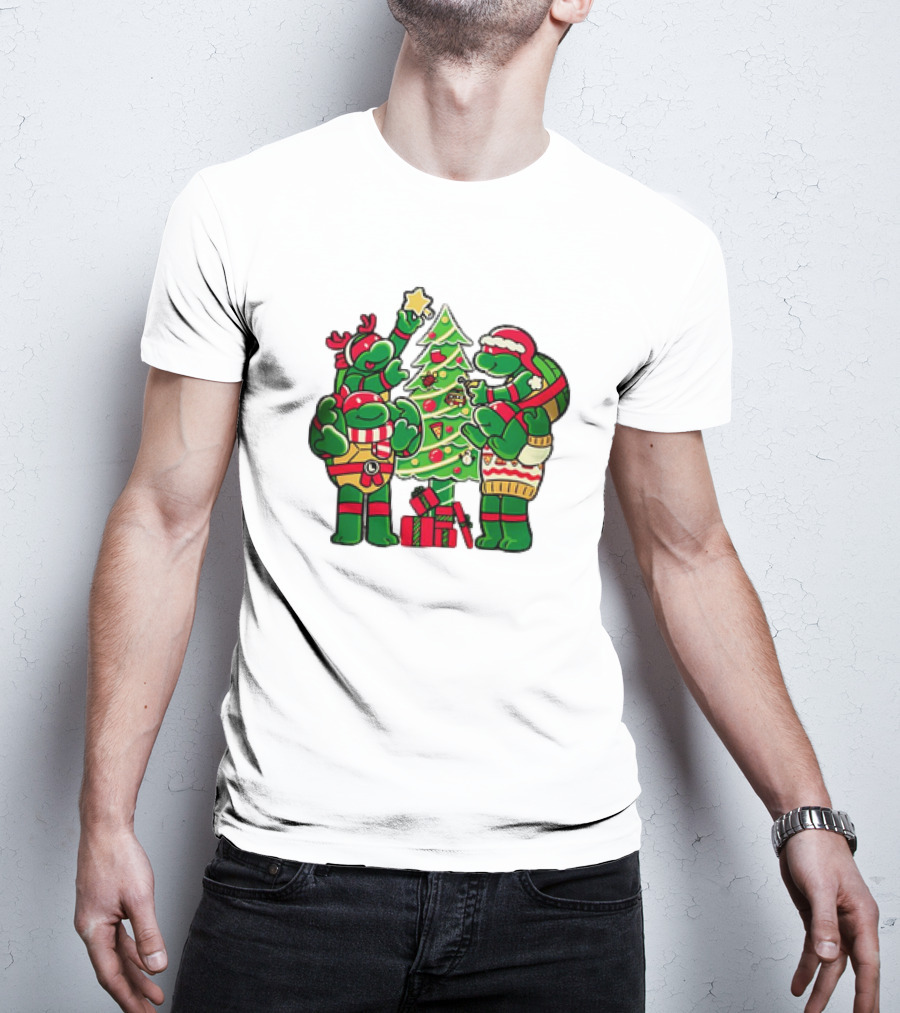 Cozy Xmas Teenage Mutant Ninja Turtles Christmas Tree Decorating Scene T-Shirt