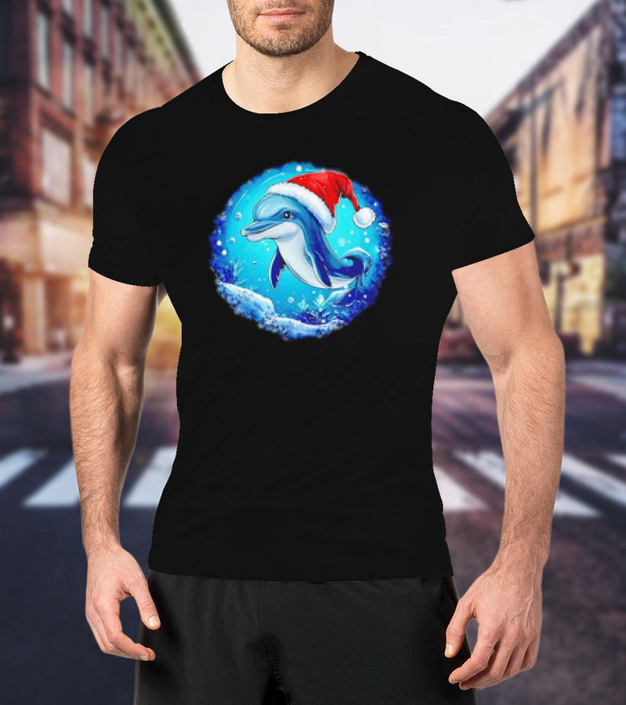 Dolphins Christmas Cute Santa Hat Snowflakes T-Shirt