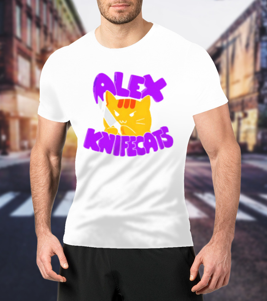 Alex Knifecats Orange Cat Purple Text T-Shirt