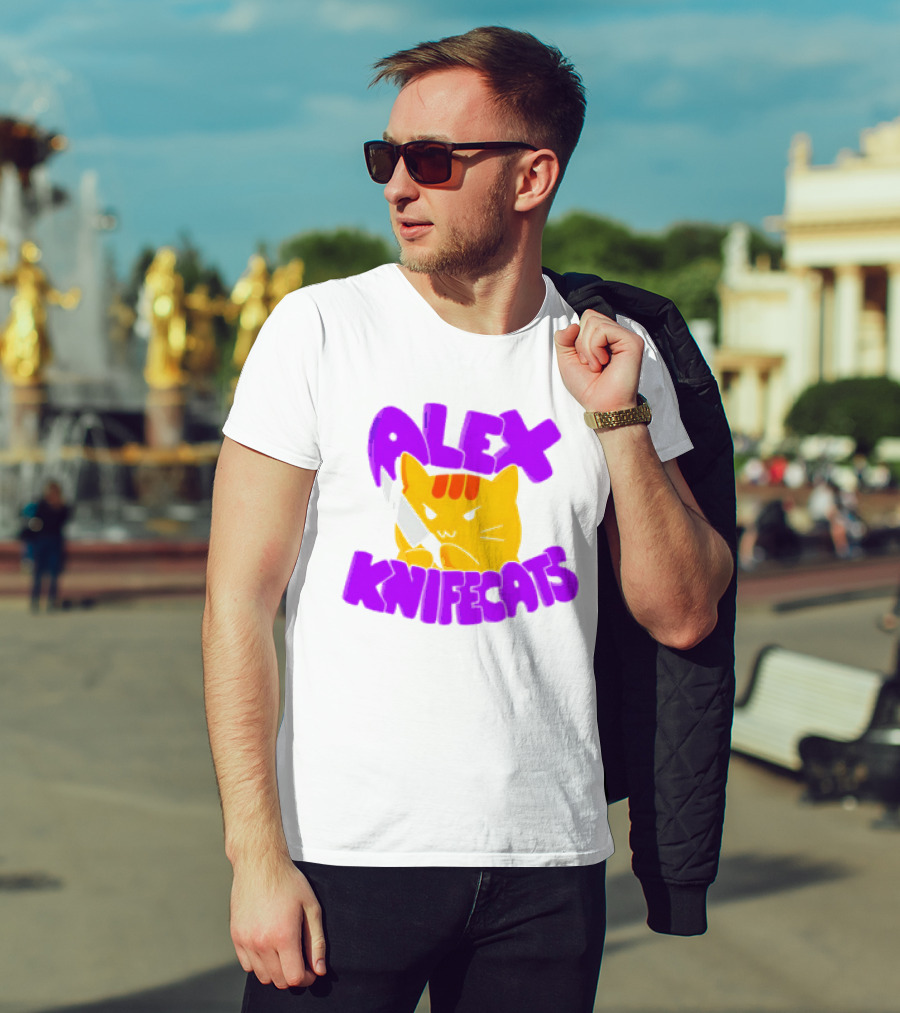Alex Knifecats Orange Cat Purple Text T-Shirt