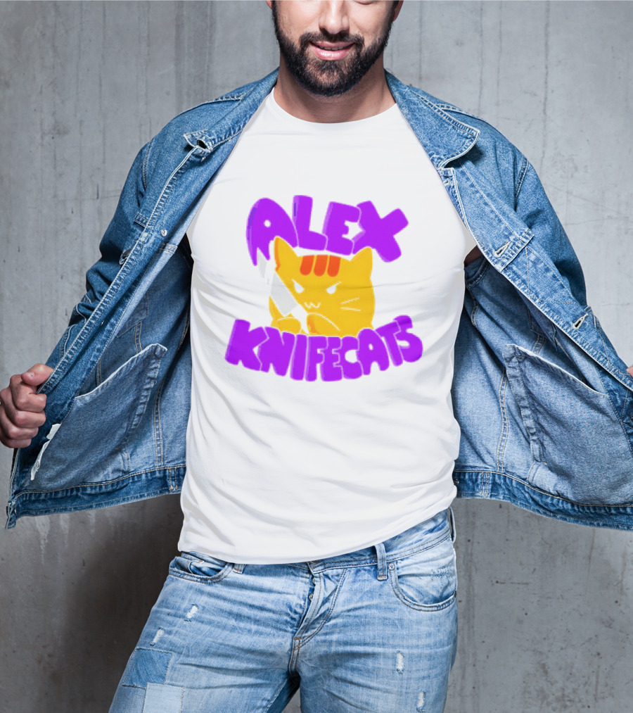 Alex Knifecats Orange Cat Purple Text T-Shirt