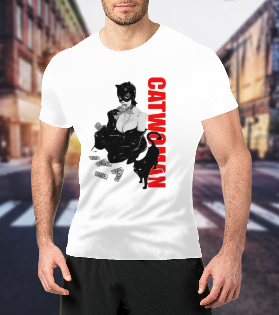Catwoman Cartoon Noir With Money And Black Cat T-Shirt