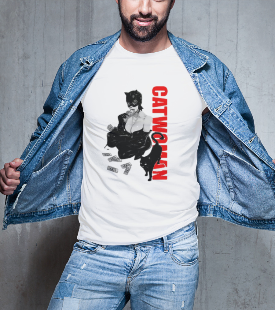 Catwoman Cartoon Noir With Money And Black Cat T-Shirt