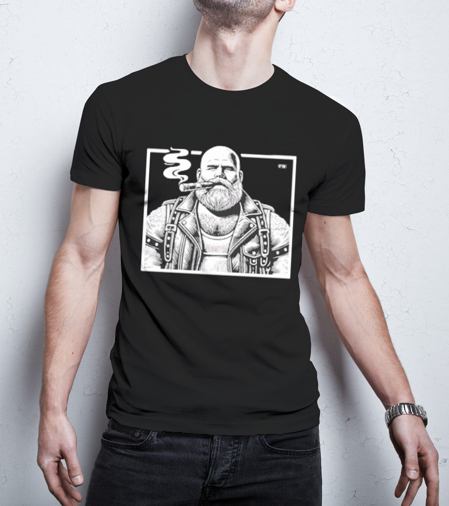 Cigar Daddy Bearded Biker In Leather Jacket T-Shirt