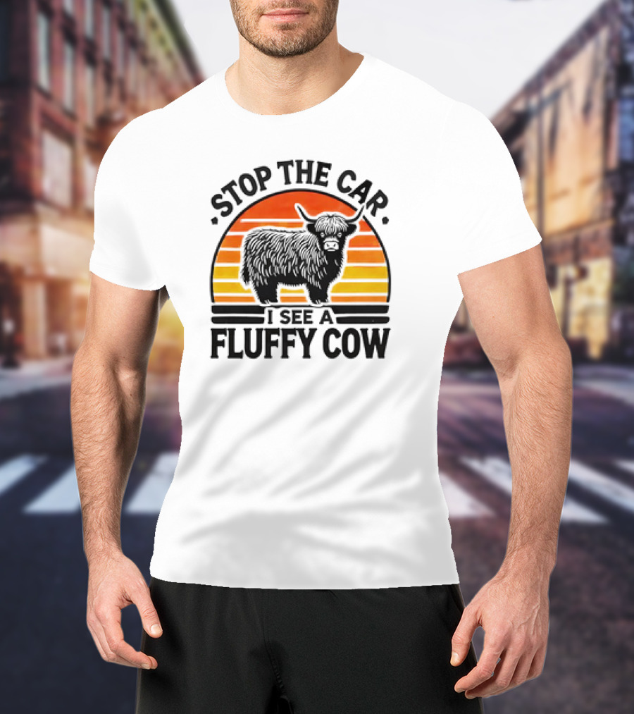 Stop The Car I See A Fluffy Cow Vintage Sunset T-Shirt