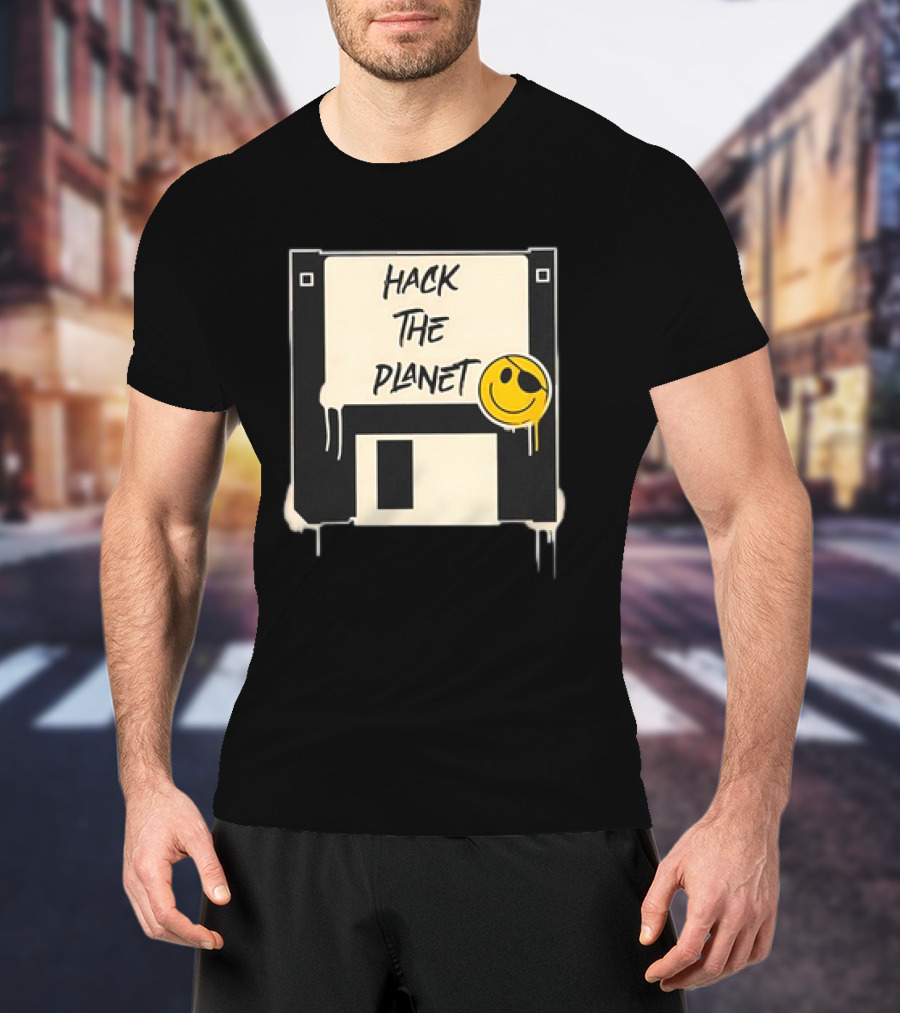 Hack The Planet Floppy Disk Smiley Face T-Shirt