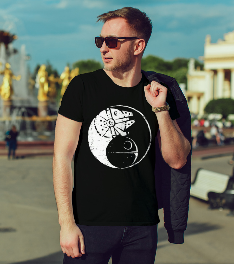 Millennium Falcon And Death Star Yin Yang Balancing The Force T-Shirt