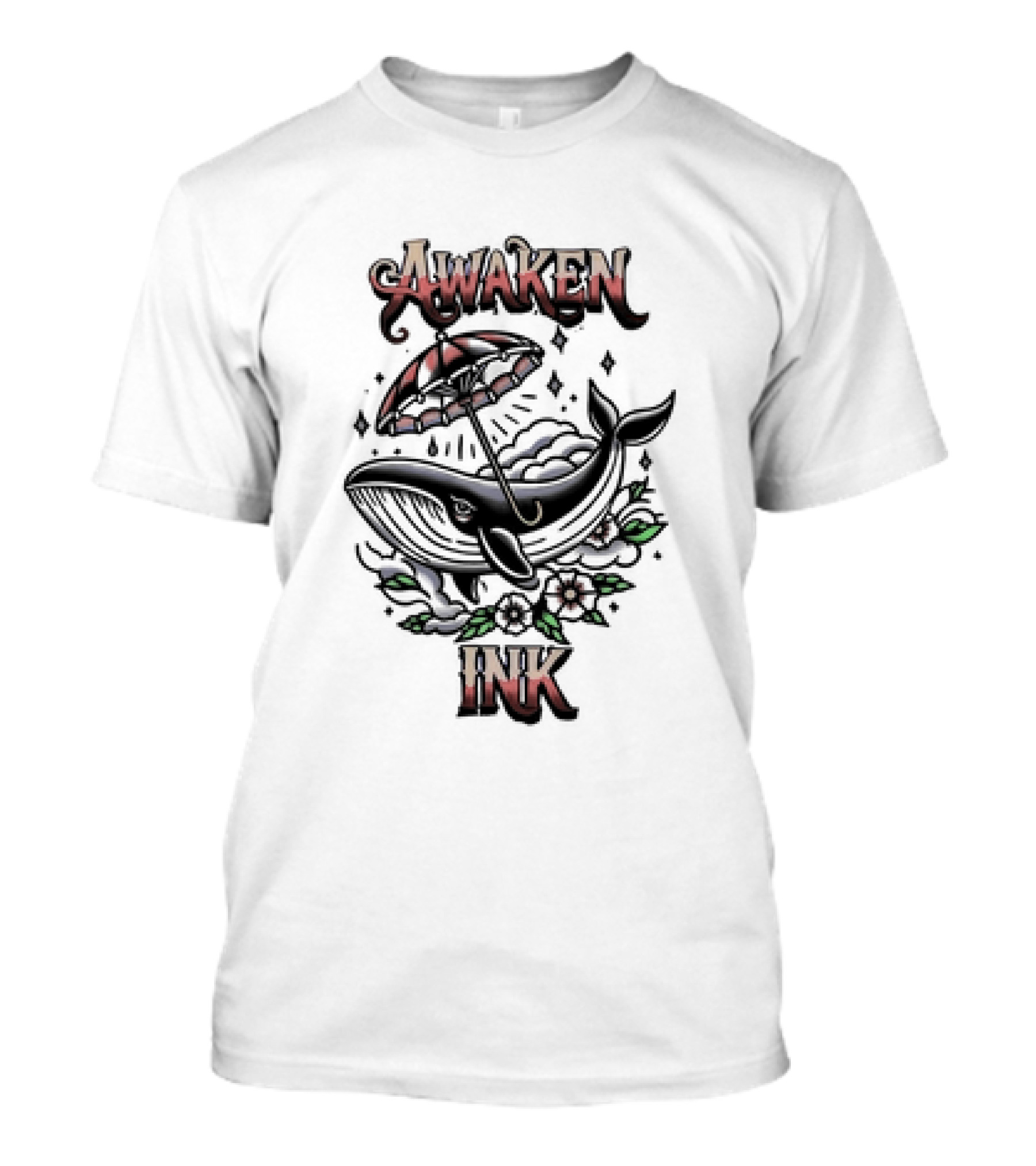 Awaken Ink Whale With Umbrella And Flowers T-Shirt