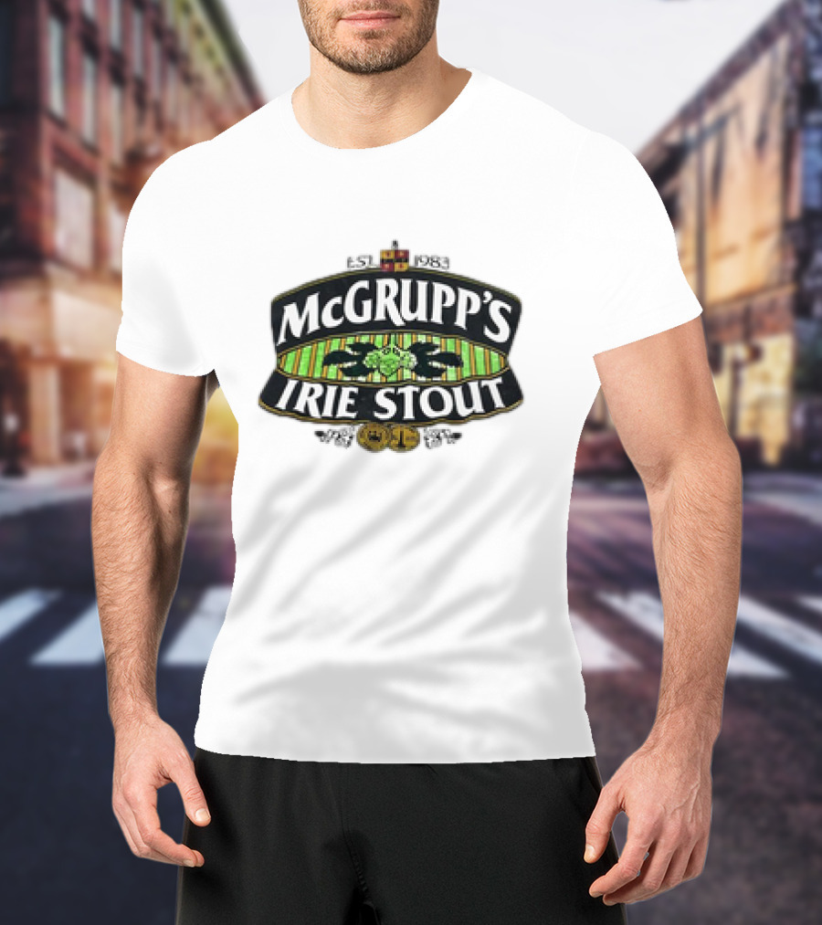 McGrupp's Irie Stout Est 1983 Logo With Green Striped Background And Emblem T-Shirt