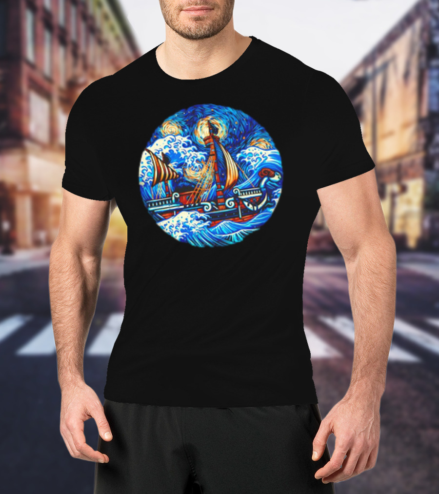 Going Merry One Piece Pirate Ship Van Gogh Wave T-Shirt