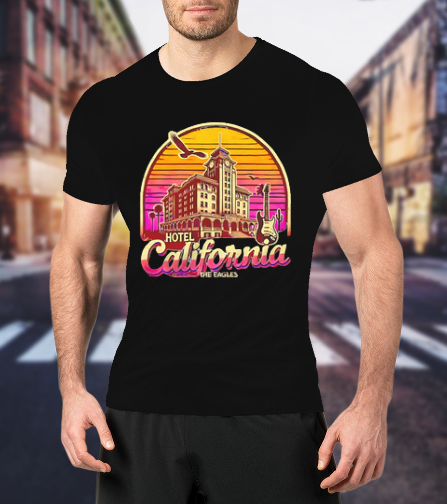 Hotel California The Eagles Sunset Art Deco Guitar And Seagulls T-Shirt