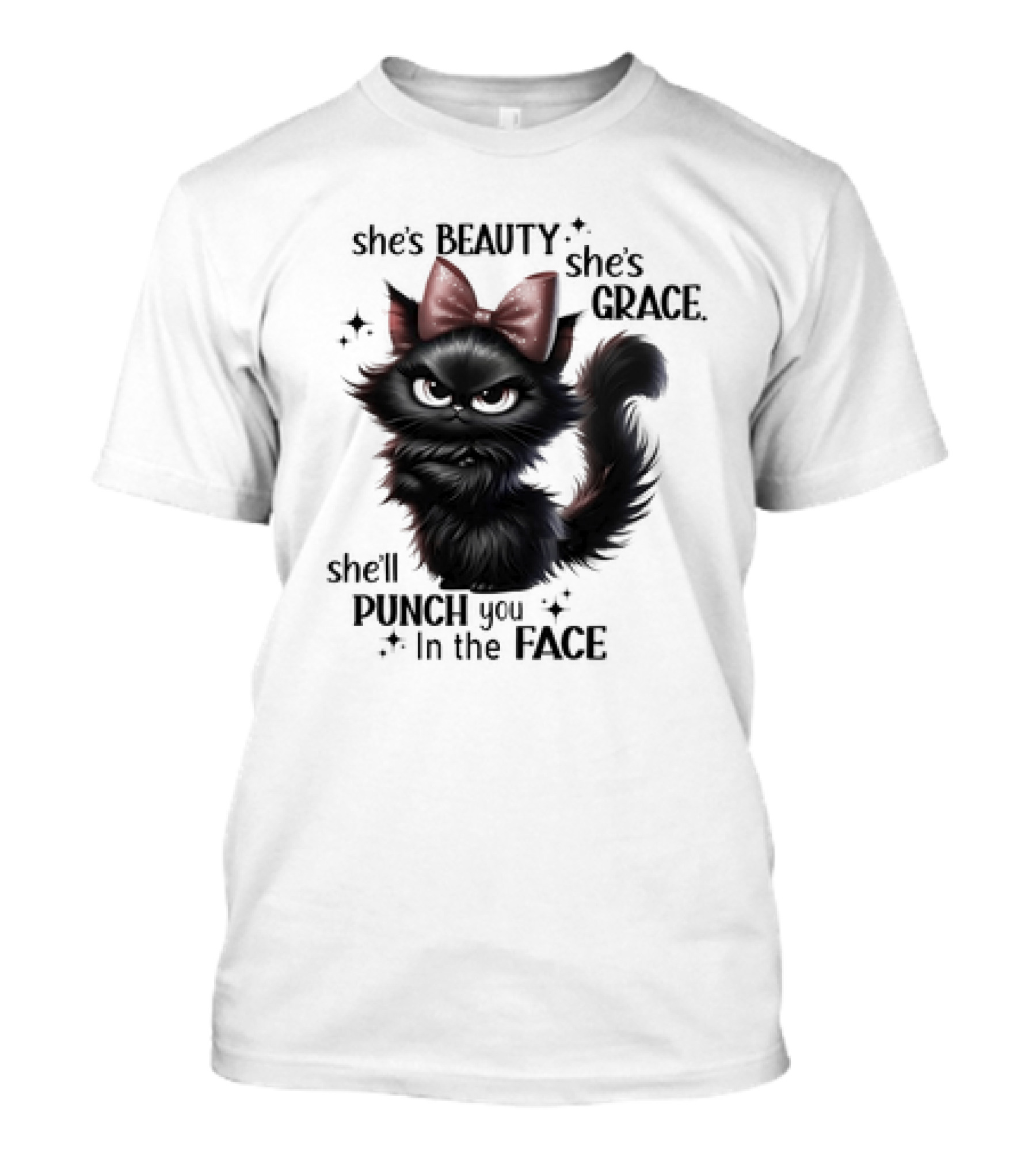 She's Beauty She's Grace She'll Punch You In The Face Black Cat With Bow And Sparkles T-Shirt