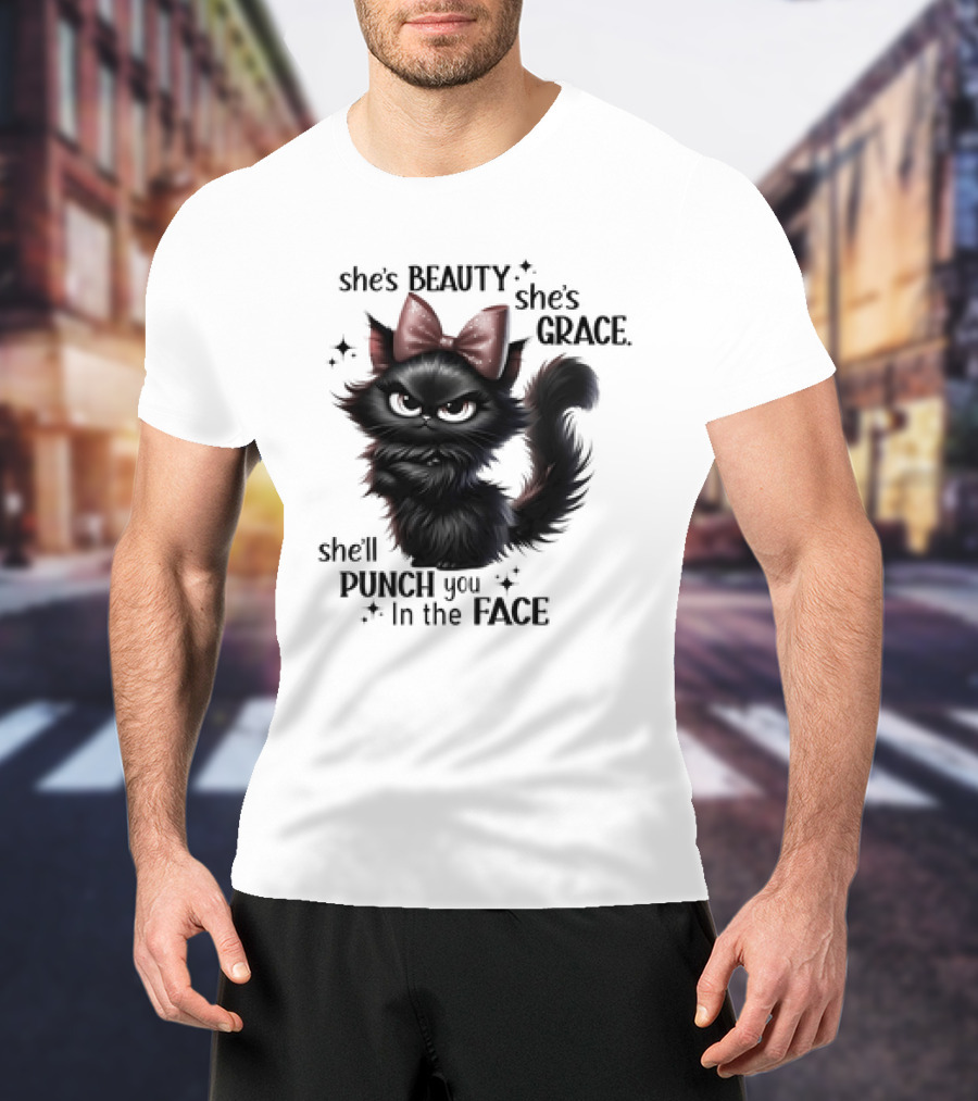 She's Beauty She's Grace She'll Punch You In The Face Black Cat With Bow And Sparkles T-Shirt