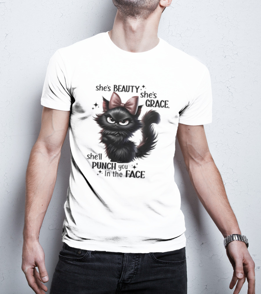 She's Beauty She's Grace She'll Punch You In The Face Black Cat With Bow And Sparkles T-Shirt