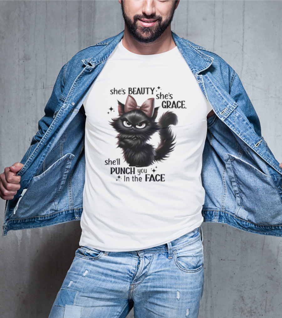 She's Beauty She's Grace She'll Punch You In The Face Black Cat With Bow And Sparkles T-Shirt
