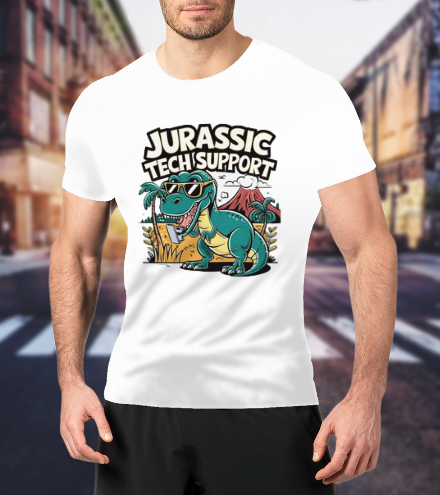 Jurassic Tech Support Dinosaur With Sunglasses And Volcano T-Shirt