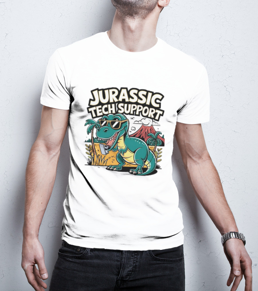 Jurassic Tech Support Dinosaur With Sunglasses And Volcano T-Shirt