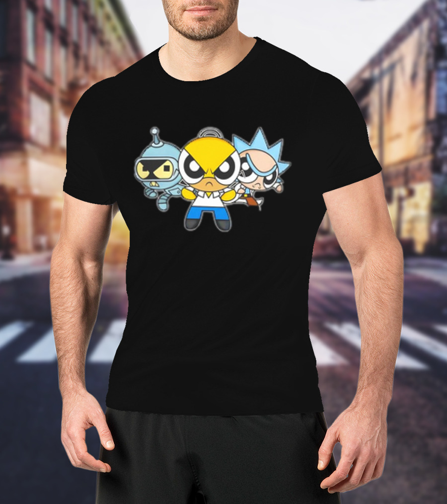 Bender Homer Rick Powerpuff Girls Drunkenpuff Guys Crossover T-Shirt