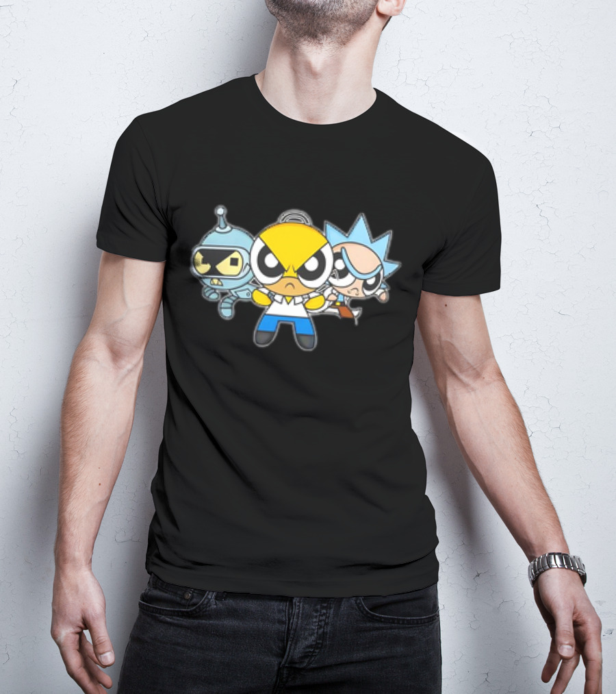 Bender Homer Rick Powerpuff Girls Drunkenpuff Guys Crossover T-Shirt