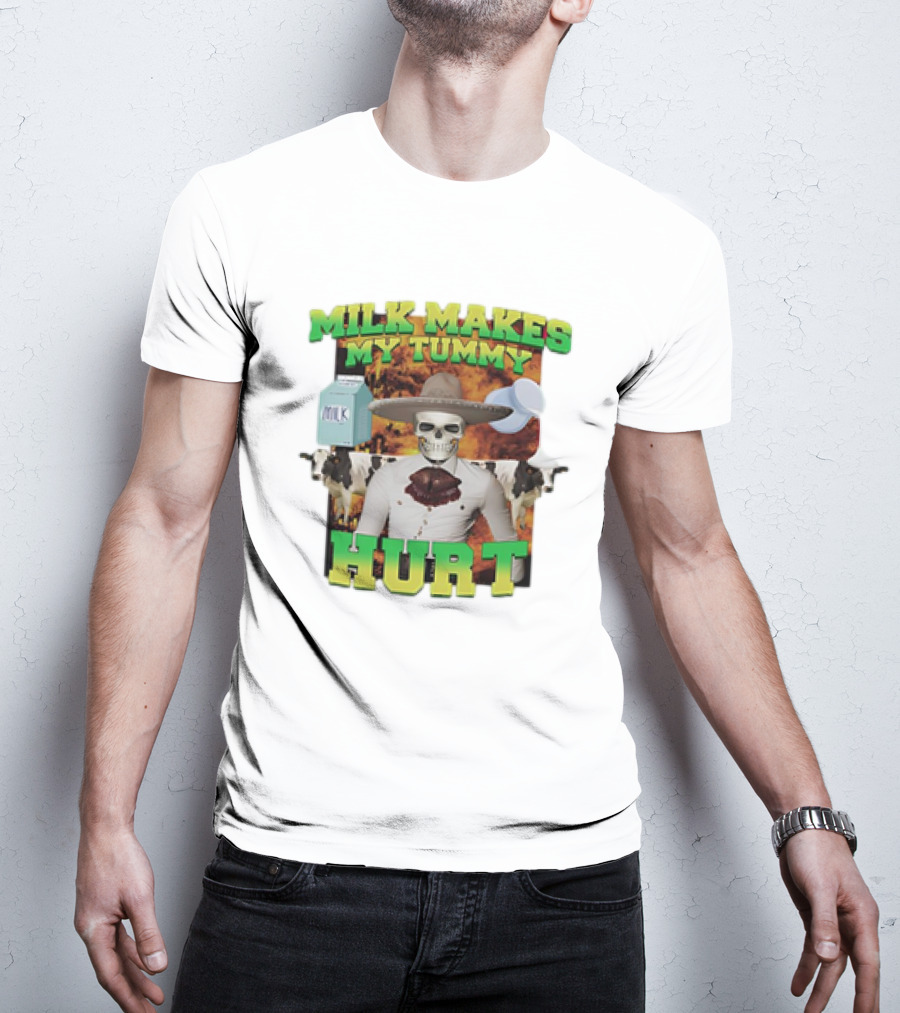 Milk Makes My Tummy Hurt Skeleton Cowboy Meme With Milk Jug And Cows T-Shirt
