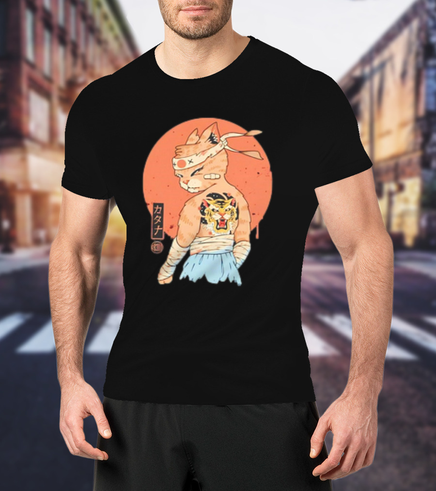 Samurai Cat Katana Battle Damage Japanese Tiger Tattoo T-Shirt