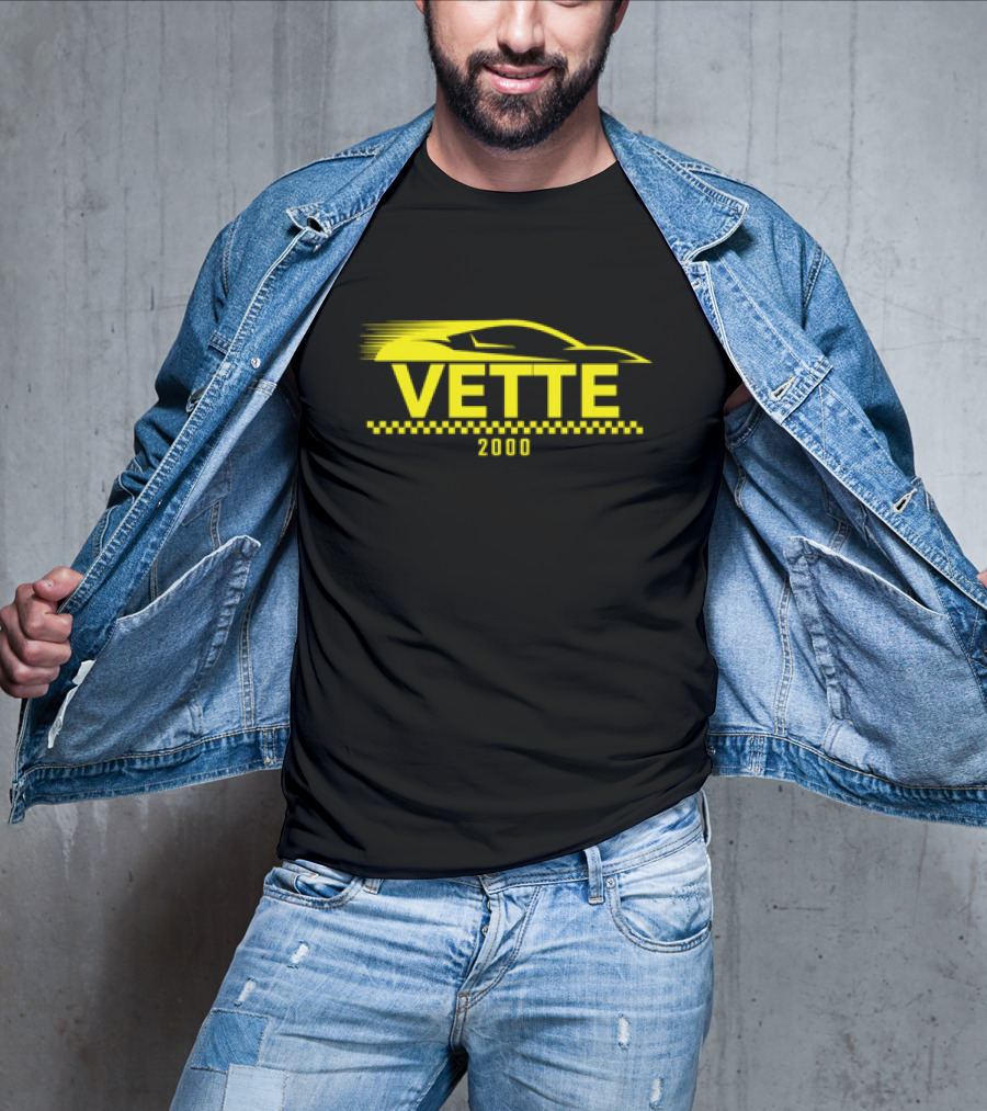 Vette 2000 Sports Car Yellow Silhouette And Checkered Stripe T-Shirt