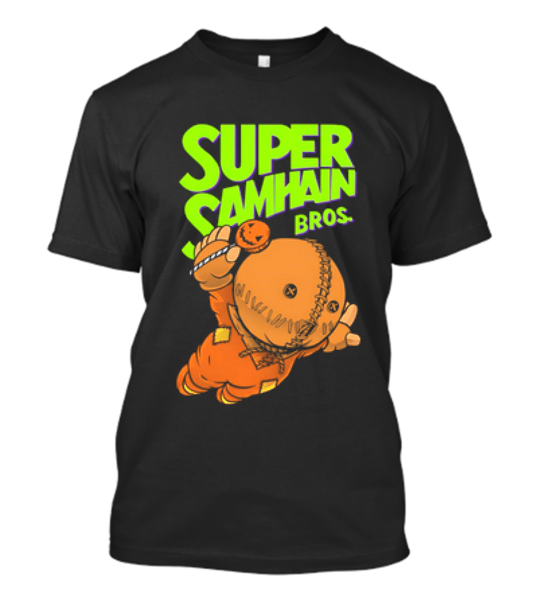 Super Samhain Bros Trick ‘r Treat Sam Icon In Pumpkin Suit With Green And Orange Highlights T-Shirt