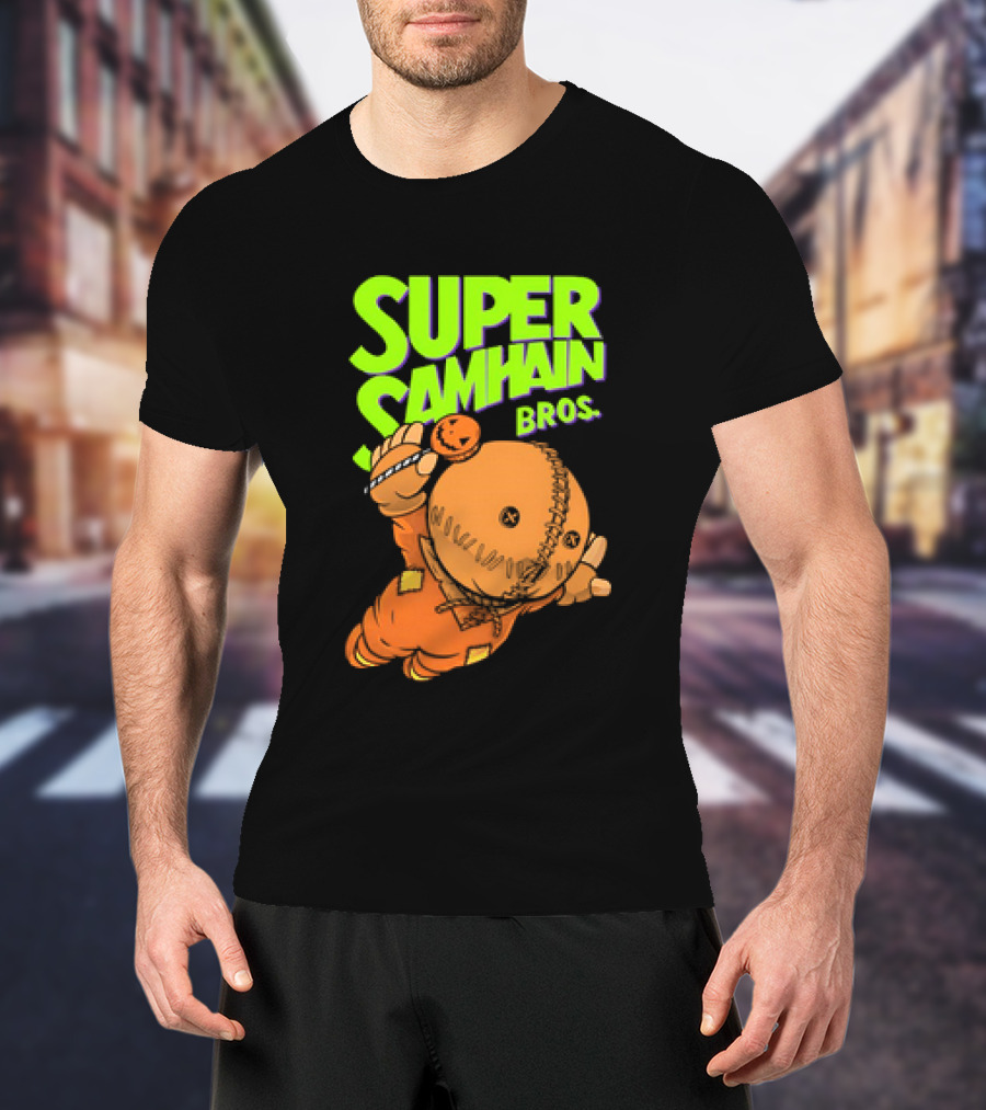 Super Samhain Bros Trick ‘r Treat Sam Icon In Pumpkin Suit With Green And Orange Highlights T-Shirt