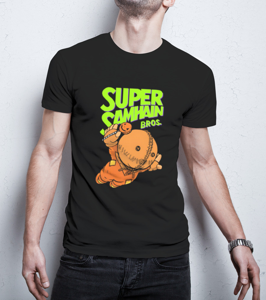 Super Samhain Bros Trick ‘r Treat Sam Icon In Pumpkin Suit With Green And Orange Highlights T-Shirt
