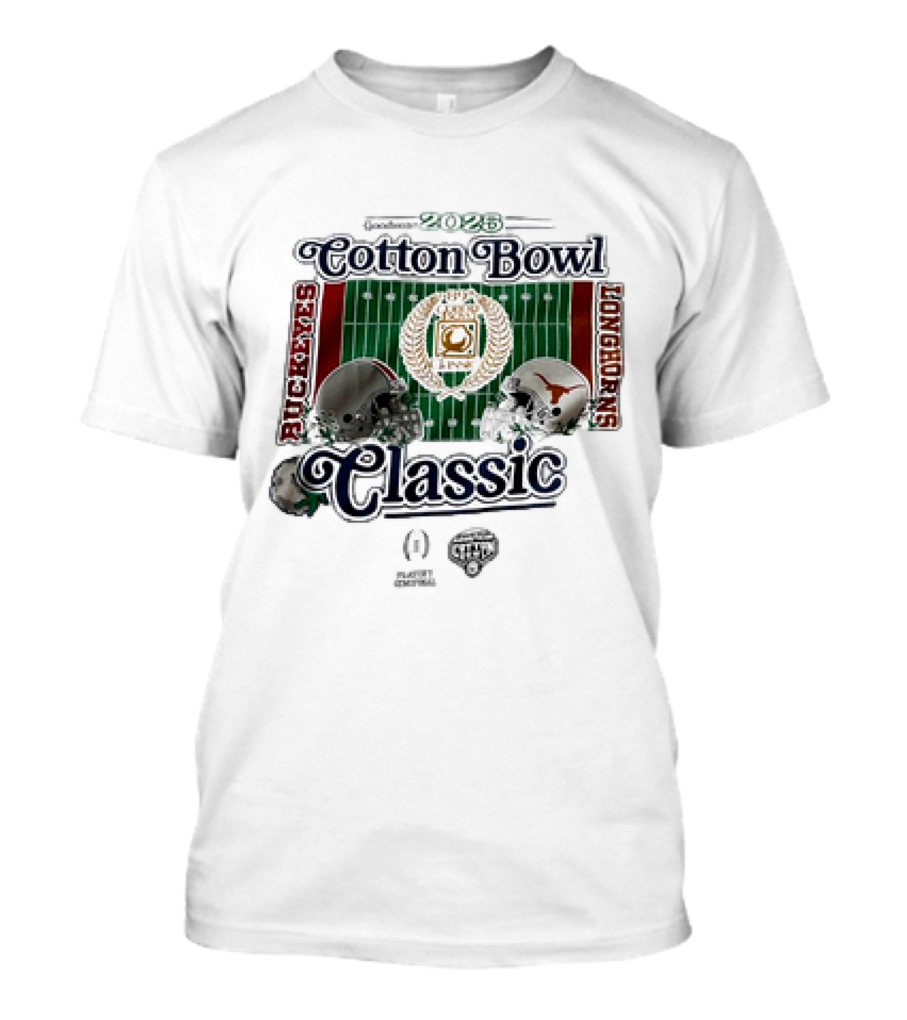 Playoff Central Ohio State Buckeyes Versus Texas Longhorns 2025 Cotton Bowl Classic Helmet Matchup T-Shirt