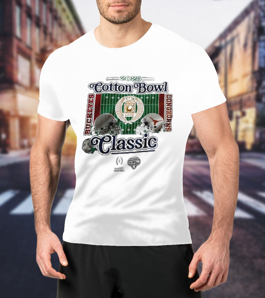Playoff Central Ohio State Buckeyes Versus Texas Longhorns 2025 Cotton Bowl Classic Helmet Matchup T-Shirt