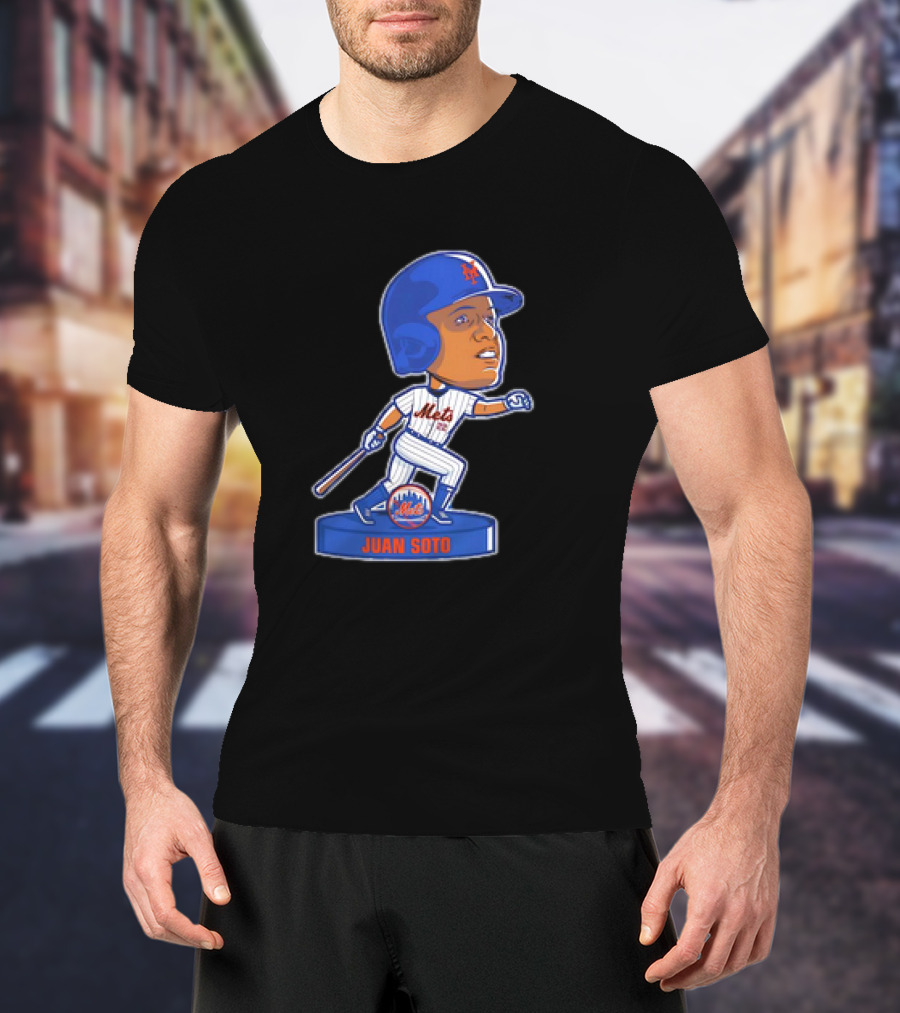 Juan Soto New York Mets Bobblehead Cartoon Mets Logo Baseball T-Shirt