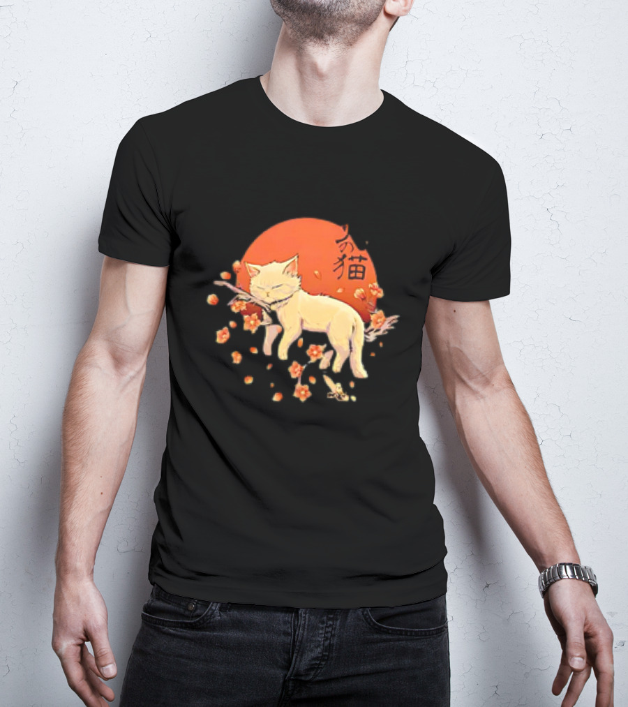 Sleeping Cat With Blossoms Under Red Sun T-Shirt