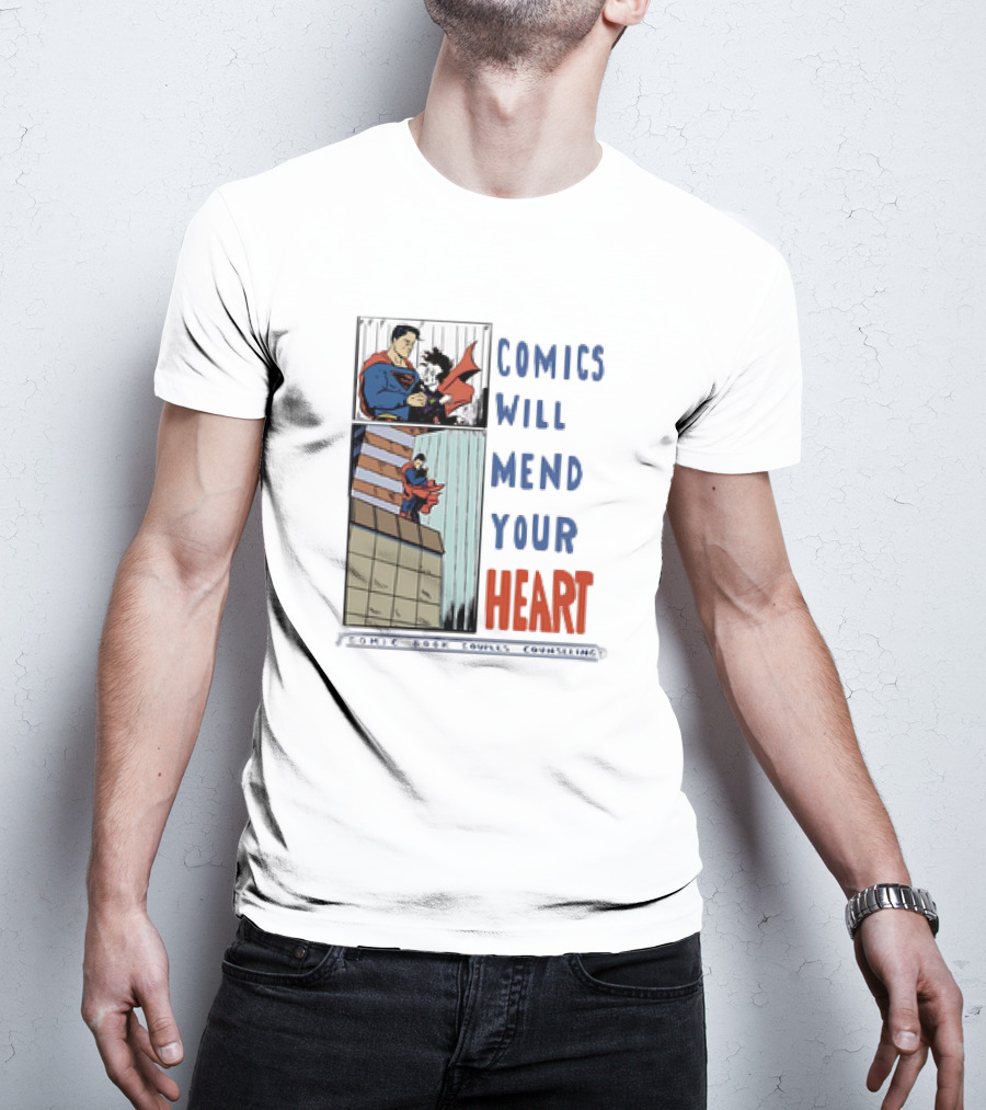 Comics Will Mend Your Heart Comic Book Couples Counseling Iconic Characters Embrace T-Shirt