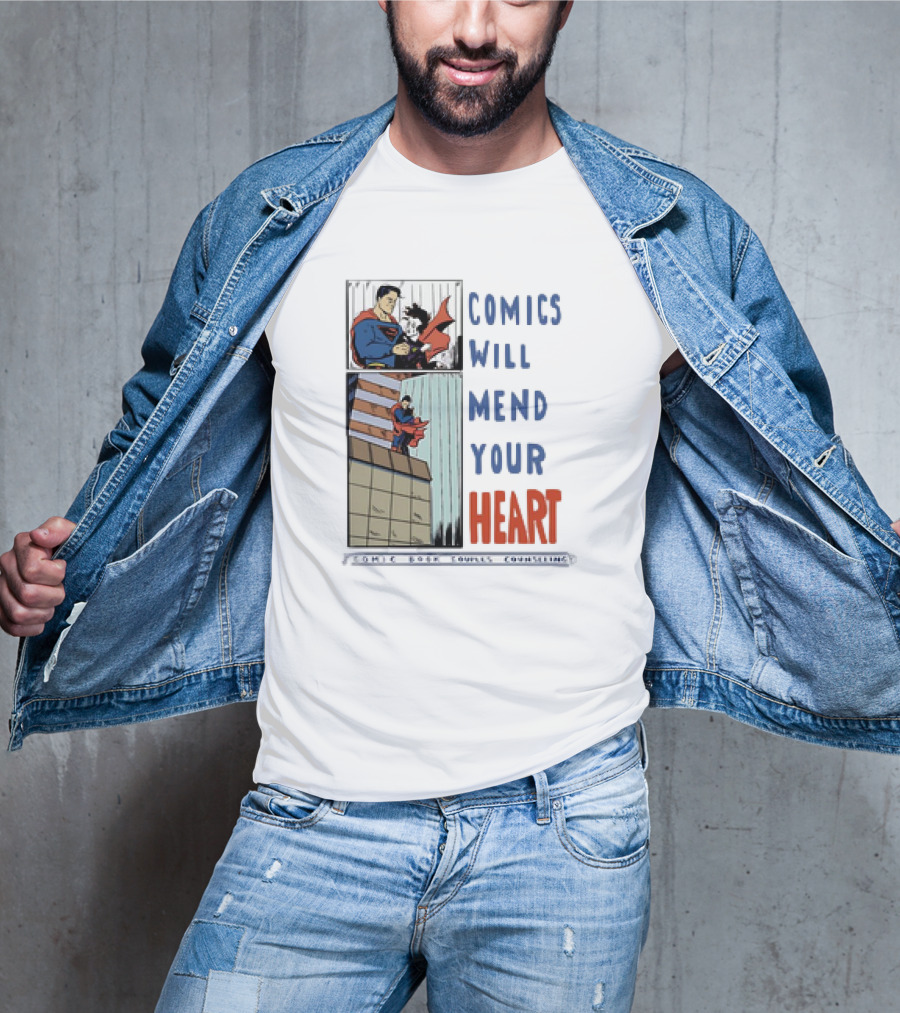 Comics Will Mend Your Heart Comic Book Couples Counseling Iconic Characters Embrace T-Shirt