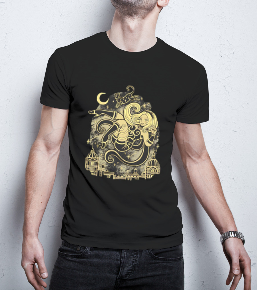 Gravity Rush Floating Cat And Girl In The Sky With Crescent Moon Cityscape T-Shirt