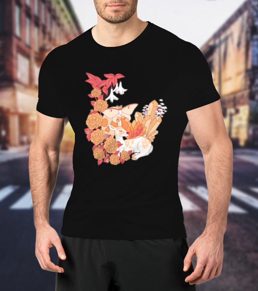Mystical Forest Fawn Surrounded By Roses And Butterflies T-Shirt