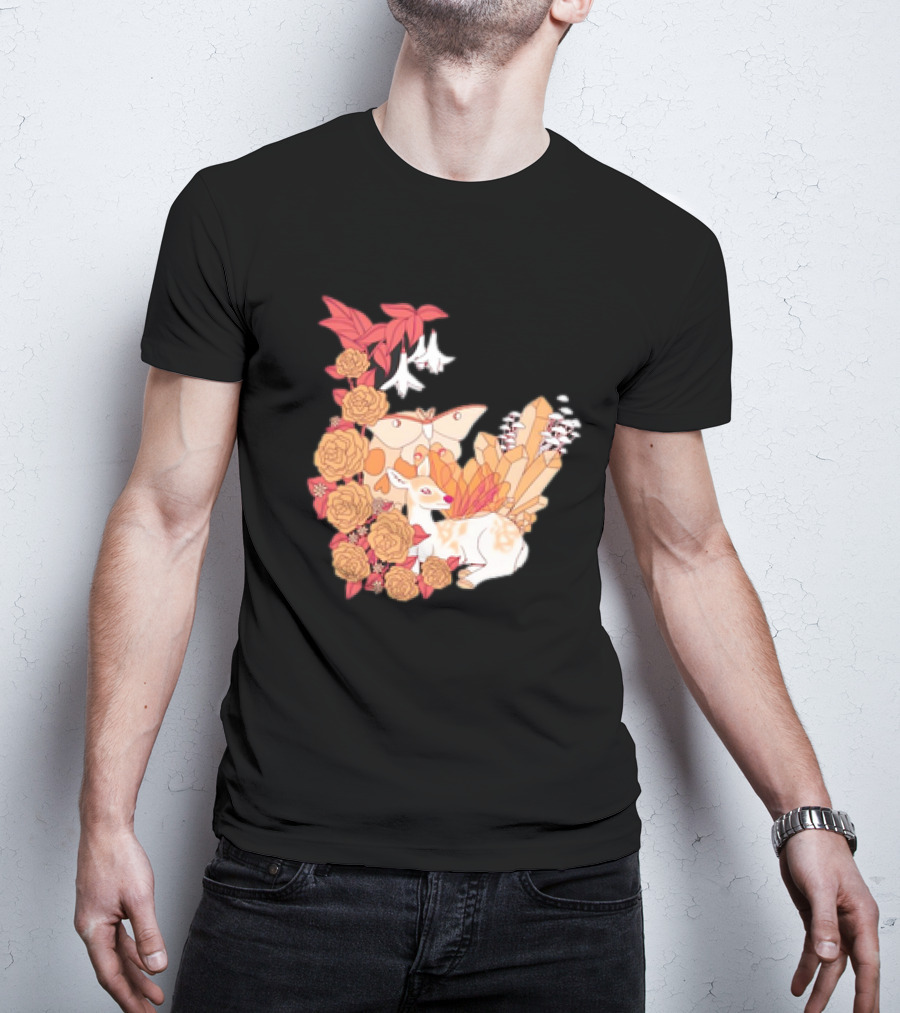 Mystical Forest Fawn Surrounded By Roses And Butterflies T-Shirt