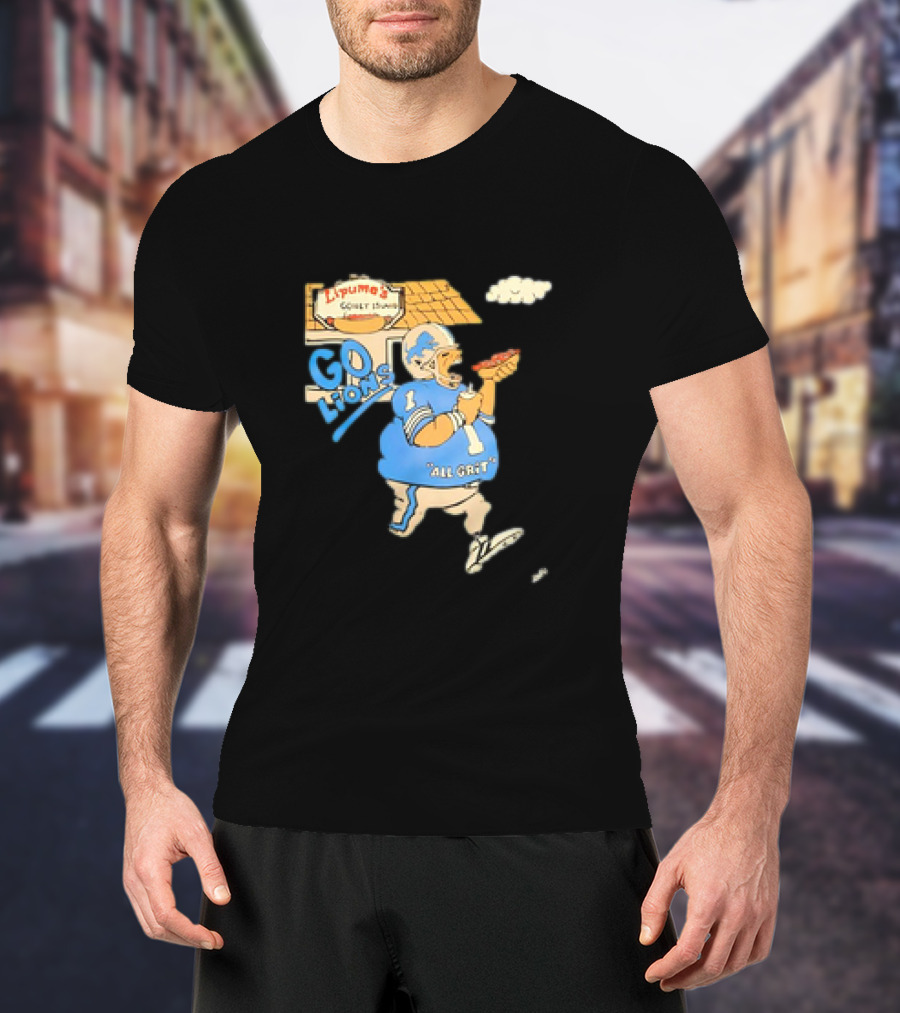 Lipuma’s Coney Island Go Lions All Grit Detroit Lions Football Player Eating Hot Dog T-Shirt