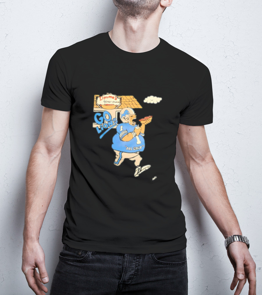 Lipuma’s Coney Island Go Lions All Grit Detroit Lions Football Player Eating Hot Dog T-Shirt